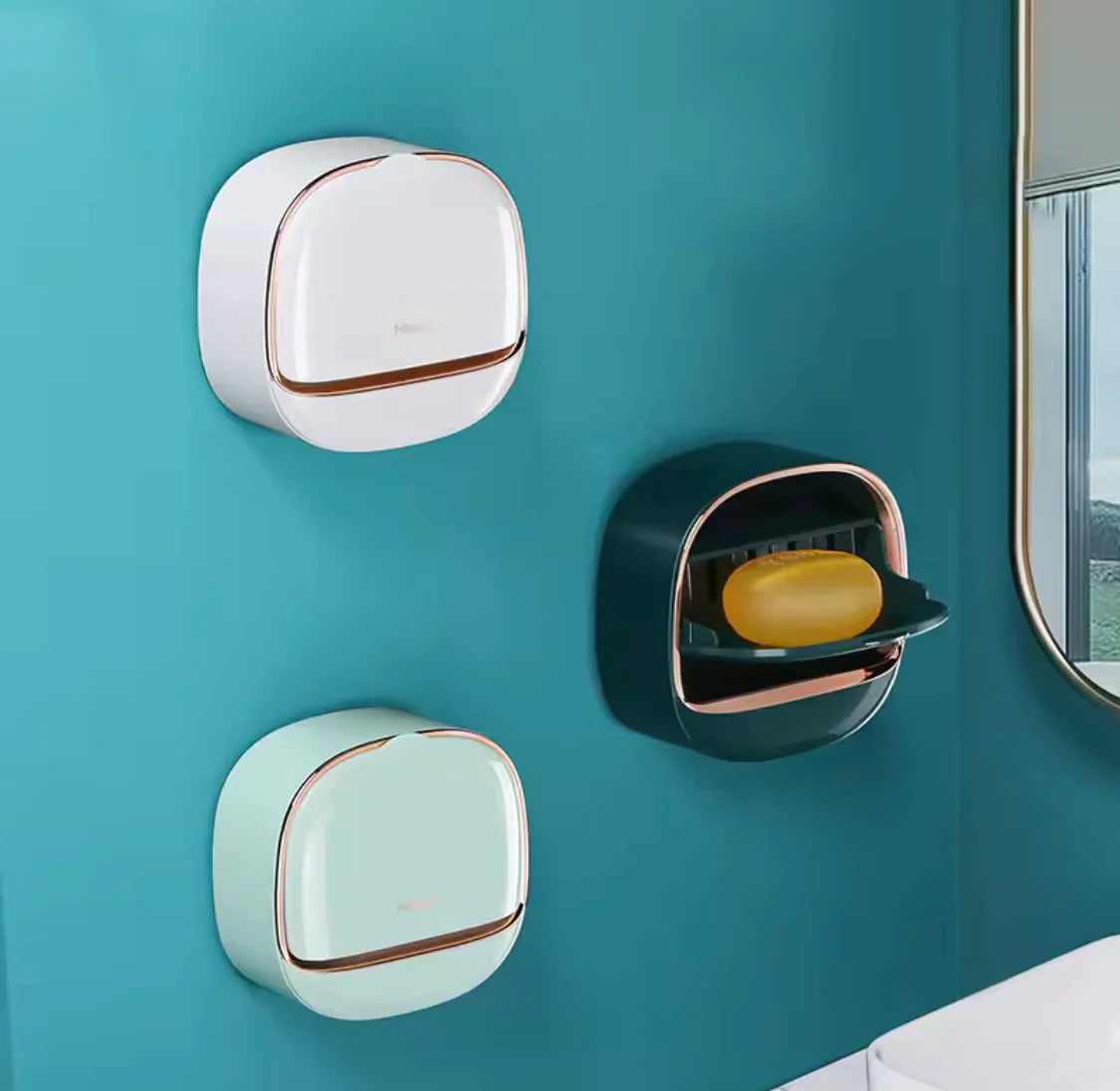 Wall-Mounted Flip-Lid Soap Box | No-Drill Waterproof Soap Holder with Drain Tray