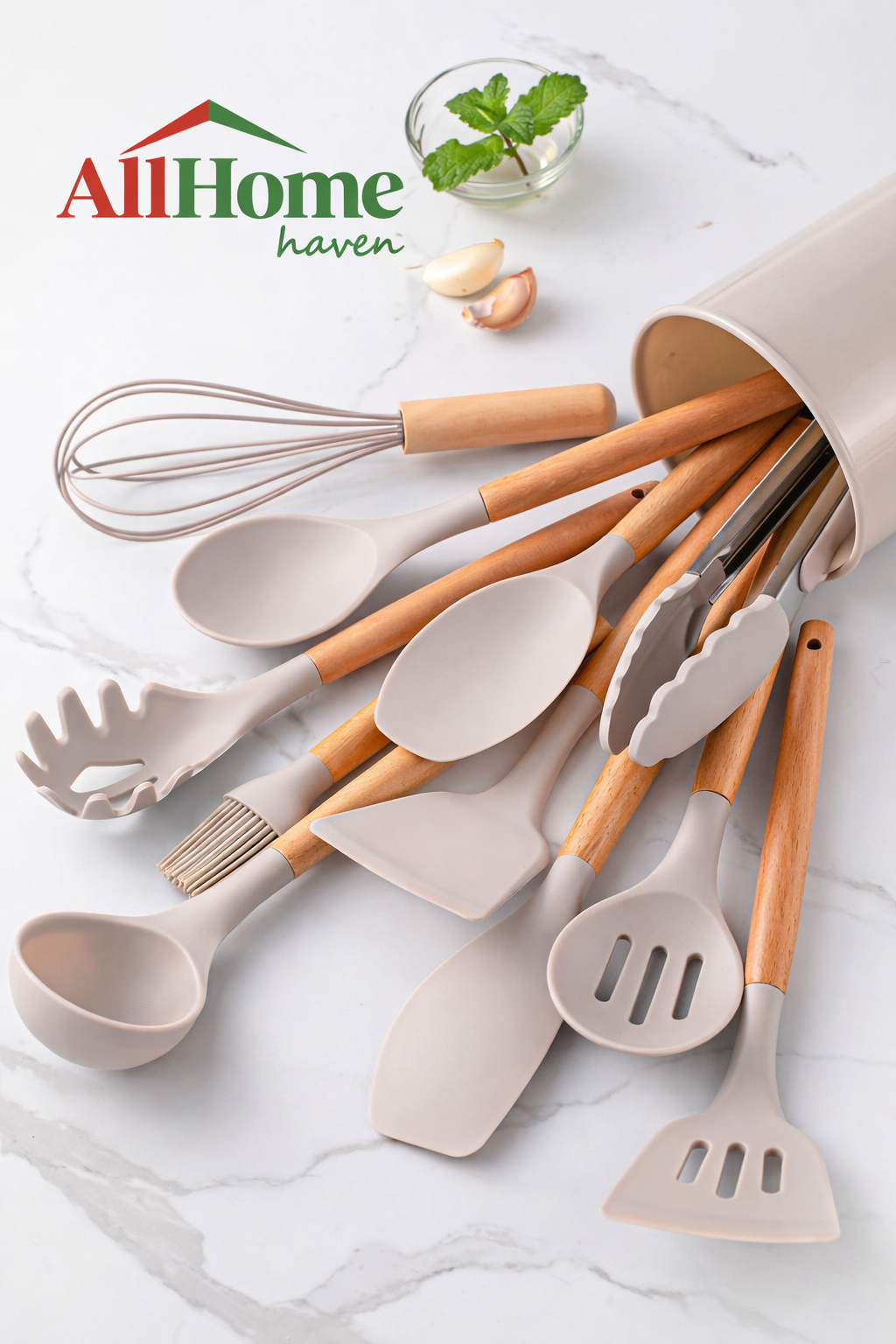 Premium Silicone Kitchen Utensil Set (Wood Handle)
