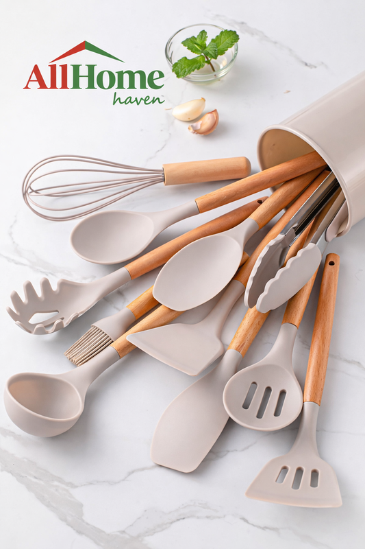 Premium Silicone Kitchen Utensil Set (Wood Handle)