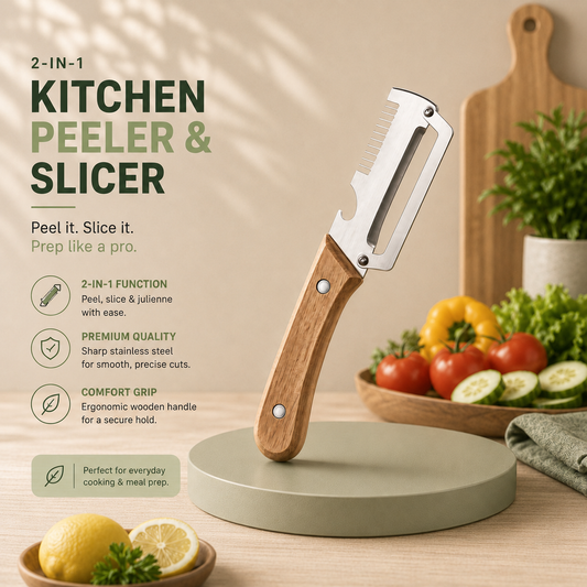 Premium Vegetable Peeler with Wooden Handle and Bottle Opener