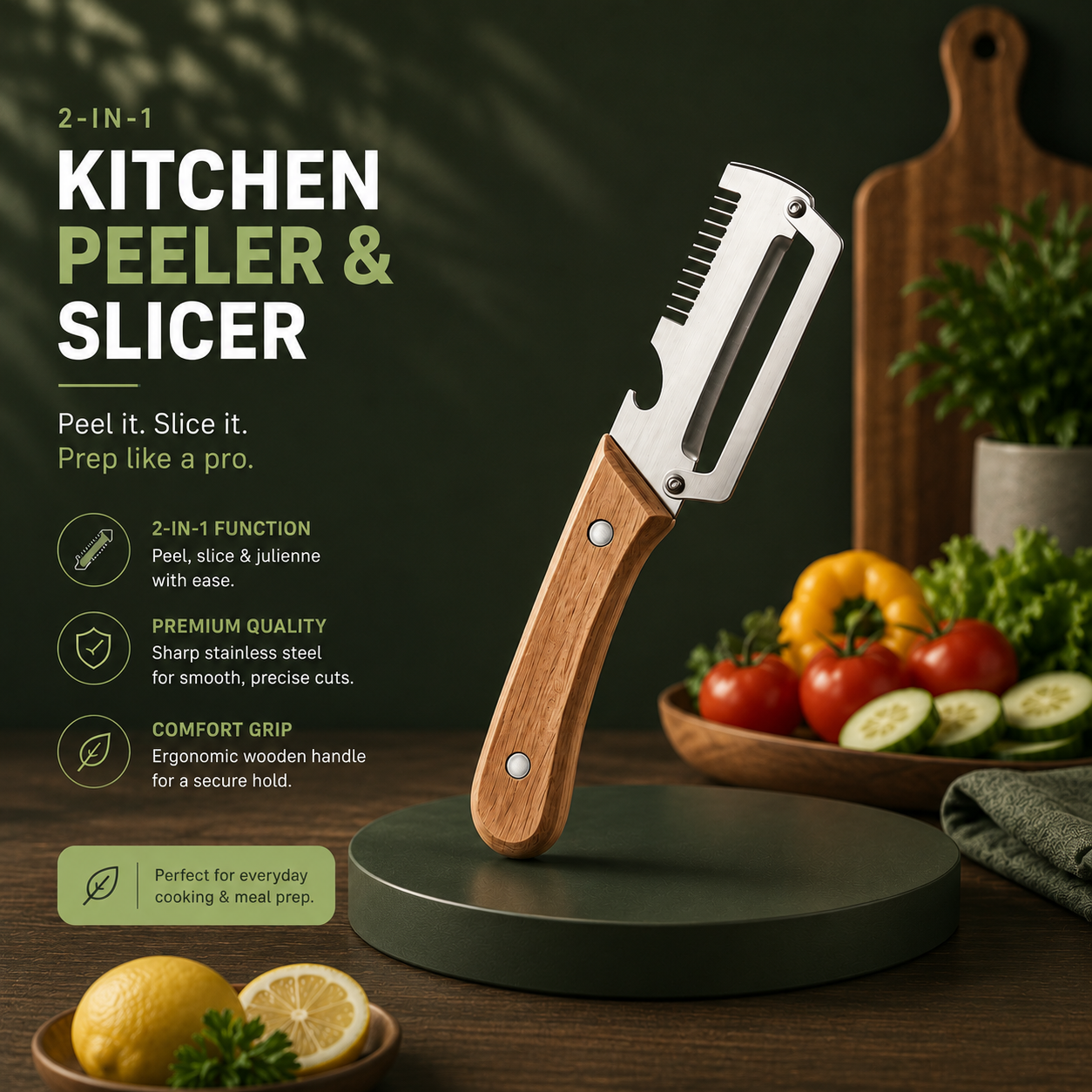 Premium Vegetable Peeler with Wooden Handle and Bottle Opener