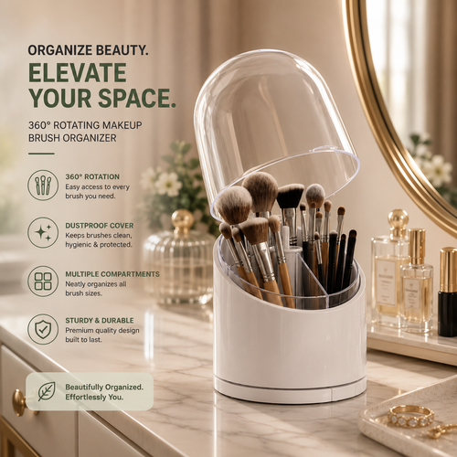 360° Rotating Makeup Brush Organizer with Dust Cover — Vanity Cosmetic Holder | AllHome Haven