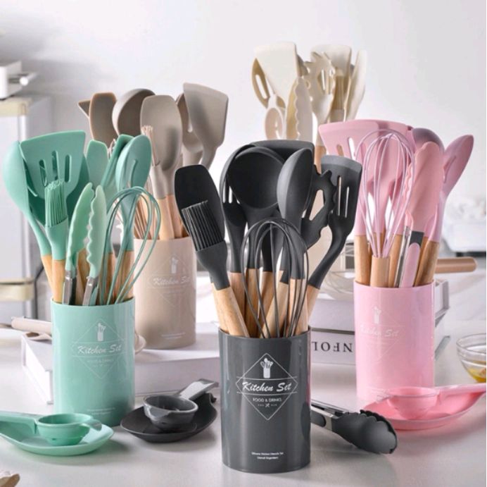 Premium Silicone Kitchen Utensil Set (Wood Handle)