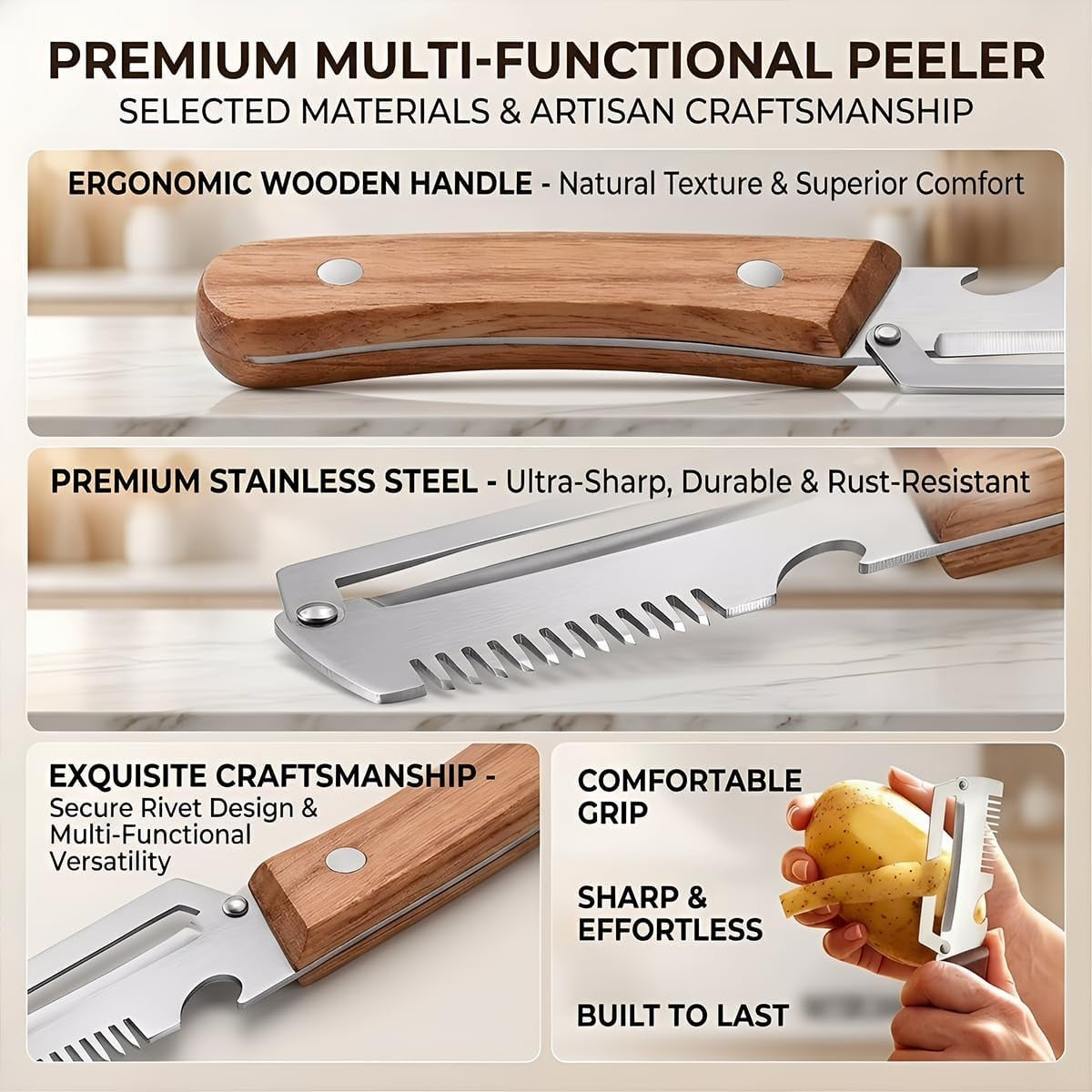 Premium Vegetable Peeler with Wooden Handle and Bottle Opener