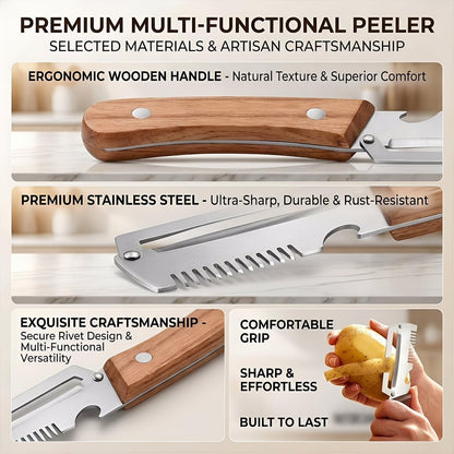 Premium Vegetable Peeler with Wooden Handle and Bottle Opener